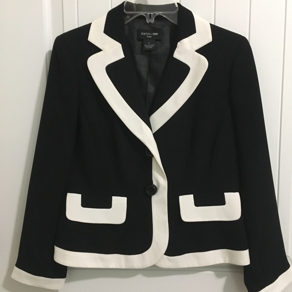 FOCUS 2000 Black White Top Dressy classic career Blazer jacket 6P